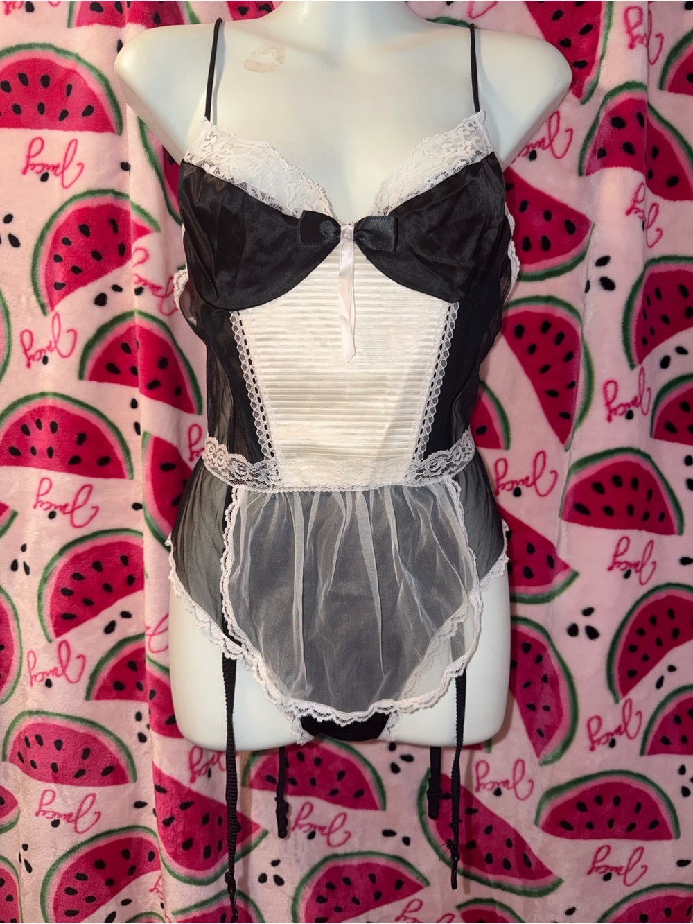 🖤🤍 Vintage French Maid Lace-Trim Lingerie Babydoll with Garter Straps